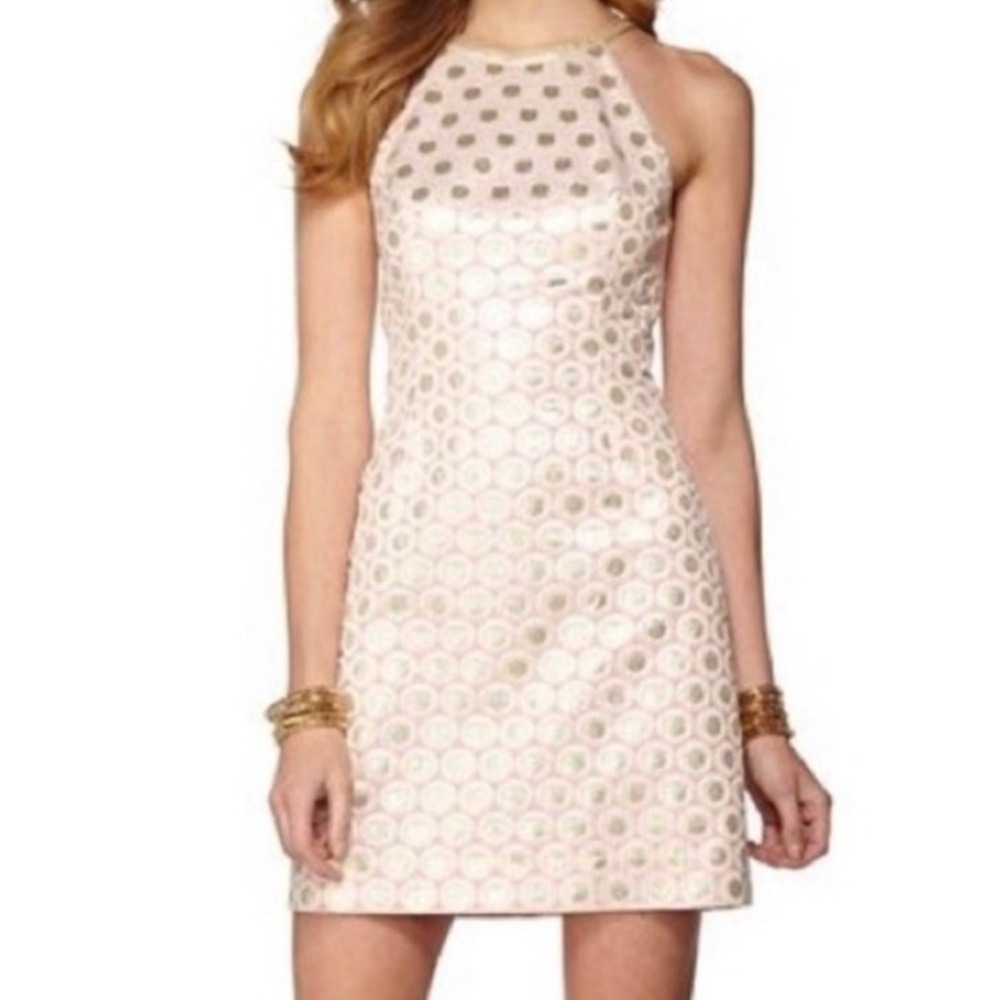 Lilly Pulitzer Pearl Halter Mini‎ Shift Dress Pink Pop Dot Jacquard Metallic 12